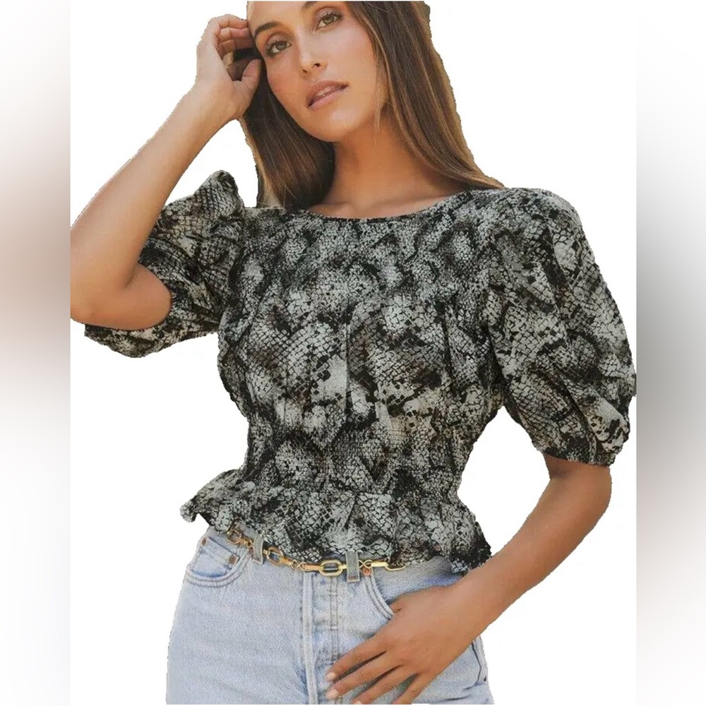 Free People Women's Gray Black Snake Print Puff Sleeve XOXO Blouse Top Size S